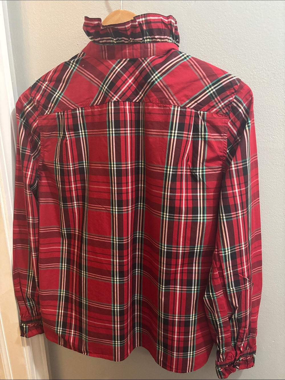 J. Crew Cottage Red Plaid Ruffle-Front Shirt Cotton Poplin Holiday - 10 - Picture 5 of 8